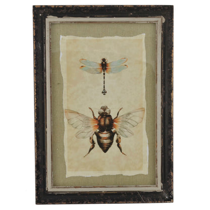 Vintage Style Dragonfly and Bee Print with Distressed Wood Frame