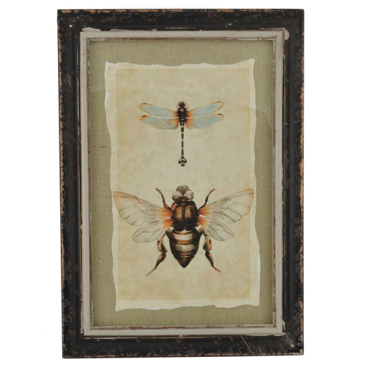 Vintage Style Dragonfly and Bee Print with Distressed Wood Frame