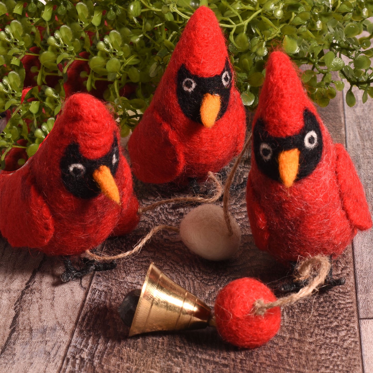 Fair Trade Felted Wool Red Cardinals Garland, Handmade in Nepal