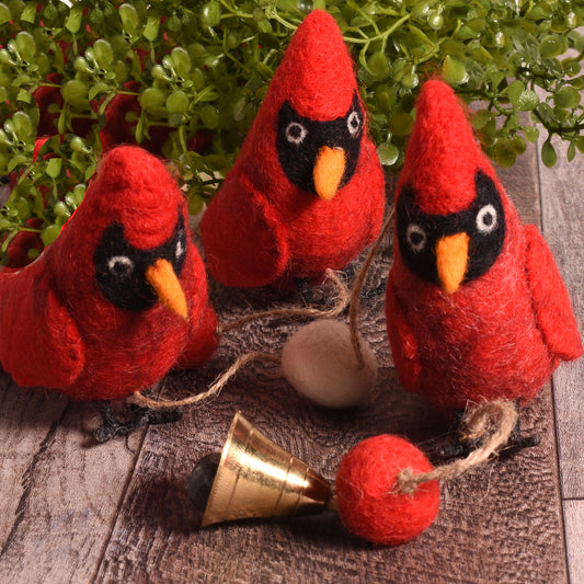 Fair Trade Felted Wool Red Cardinals Garland, Handmade in Nepal