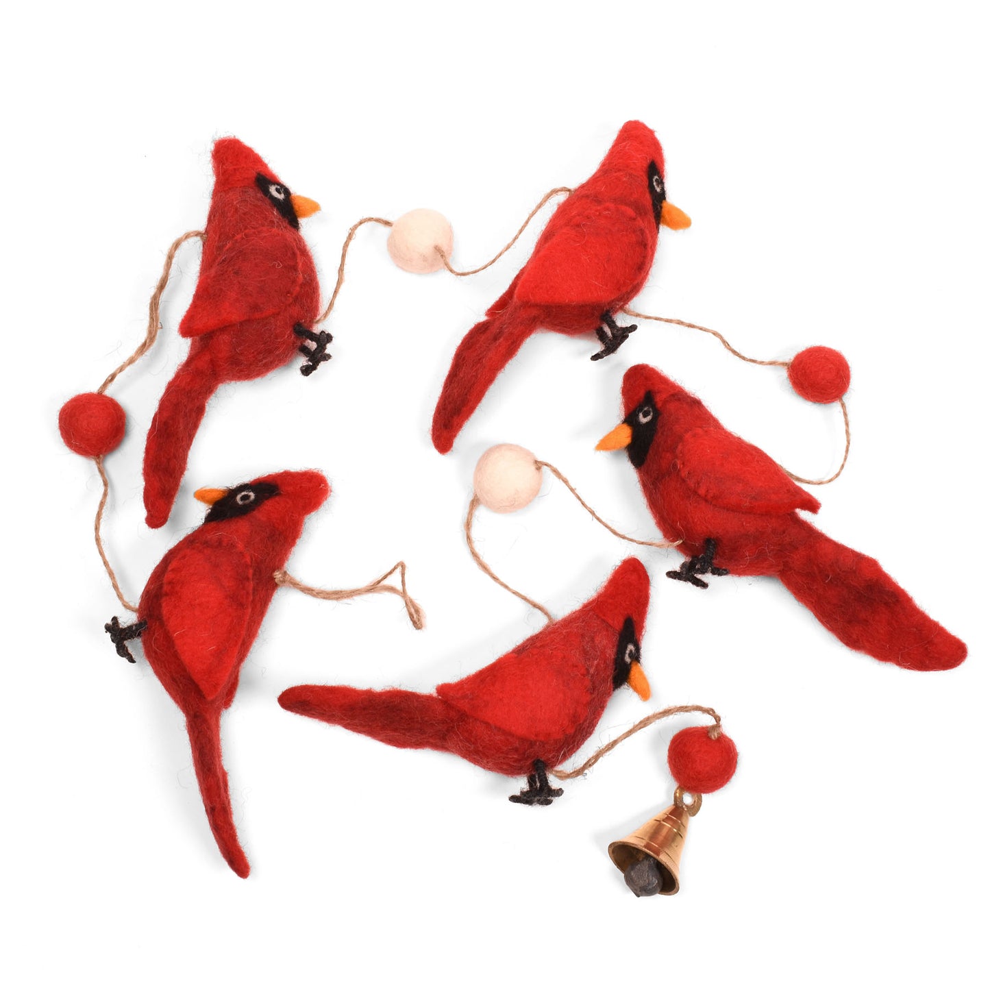 Fair Trade Felted Wool Red Cardinals Garland, Handmade in Nepal