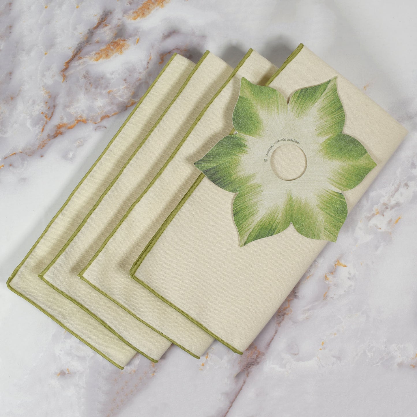 Carole Shiber 20" Square Color-Trim Napkin, Set of 4, Ivory/Honeydew Green