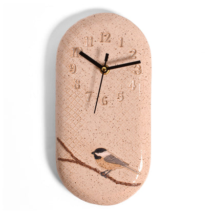 Chickadee Wall Clock, Hand-Built American Pottery, Each One Unique, Speckled Beige