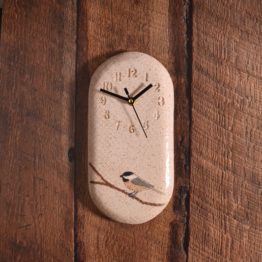 Chickadee Wall Clock, Hand-Built American Pottery, Each One Unique, Speckled Beige