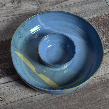 Handmade American Pottery Small Chip & Dip, Shrimp Cocktail Tray by Coastal Clay Co., Blue