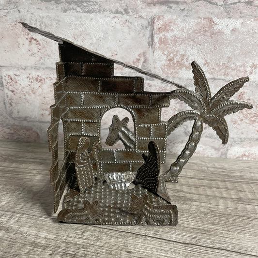 Small Tabletop Nativity Manger Scene Metal Art, Handmade in Haiti by Fair Trade Artisans