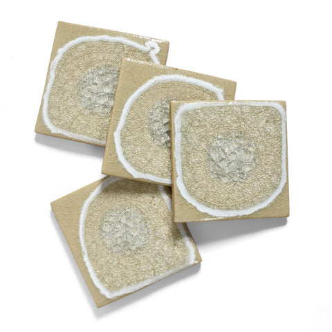 Dock 6 Pottery Coasters with Crackled Glass, Sand, Set of 4, Each One Varies