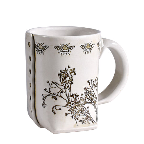 Colleen Deiss Designs Bees and Wildflowers Slab-Built 12-oz. Coffee Mug, White