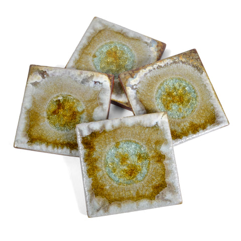 American Handmade Coasters with Crackled Fused Glass by Dock 6 Pottery, Copper, Set of 4