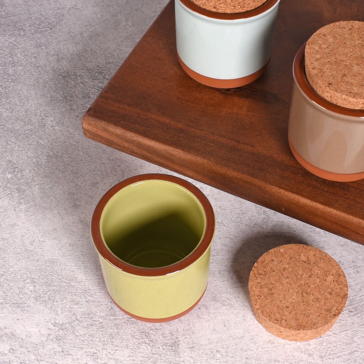 Small Glazed Terra Cotta Jars with Cork Lids, Set of 4 Colors