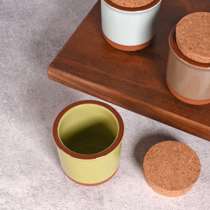 Small Glazed Terra Cotta Jars with Cork Lids, Set of 4 Colors