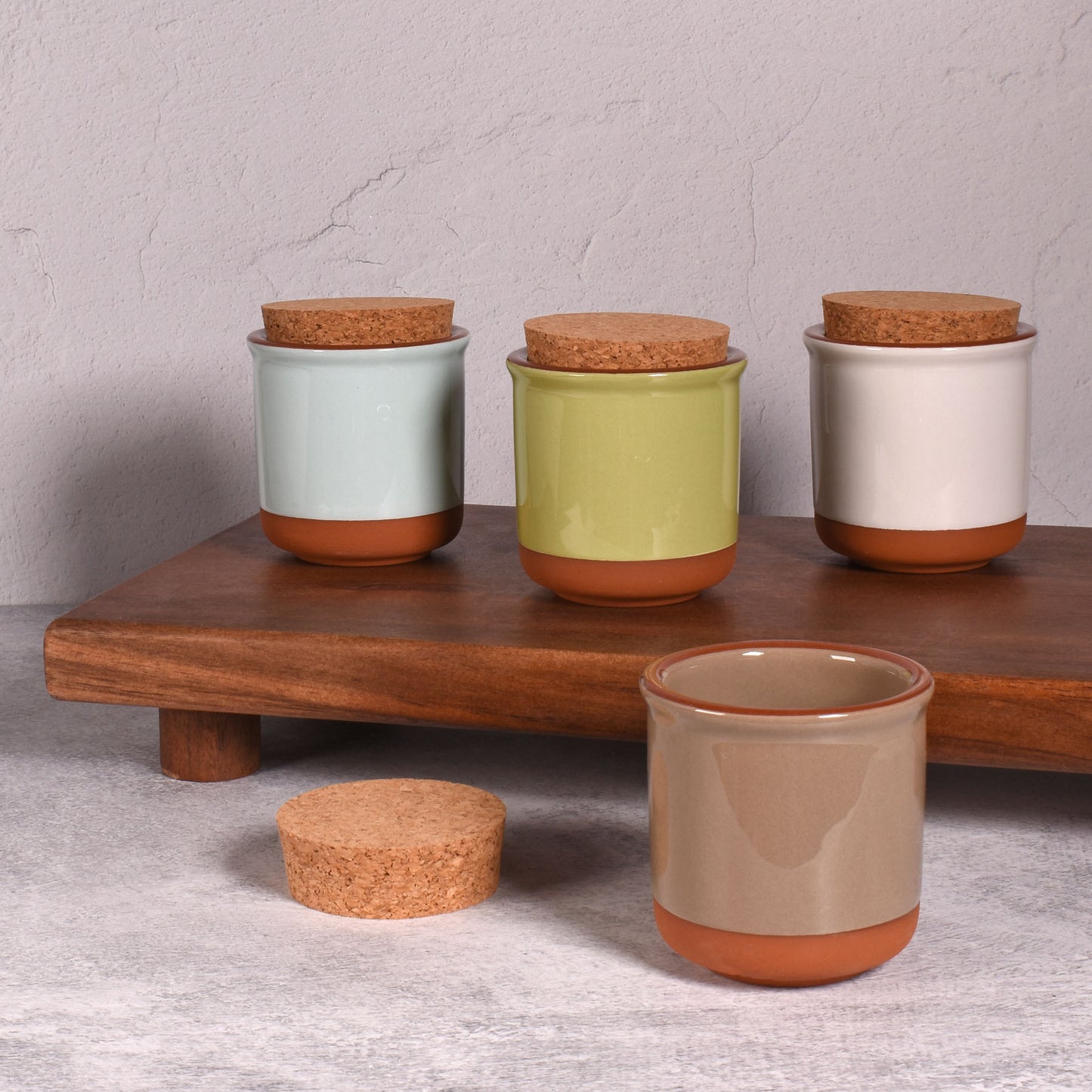 Small Glazed Terra Cotta Jars with Cork Lids, Set of 4 Colors