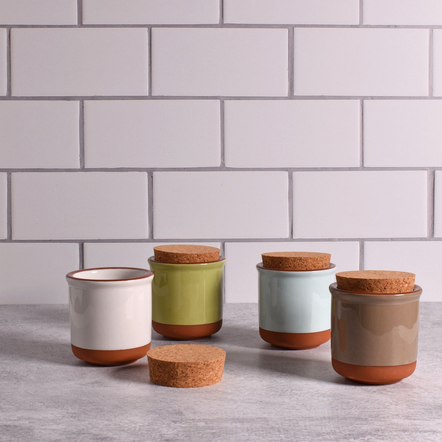 Small Glazed Terra Cotta Jars with Cork Lids, Set of 4 Colors