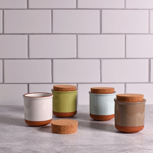 Small Glazed Terra Cotta Jars with Cork Lids, Set of 4 Colors