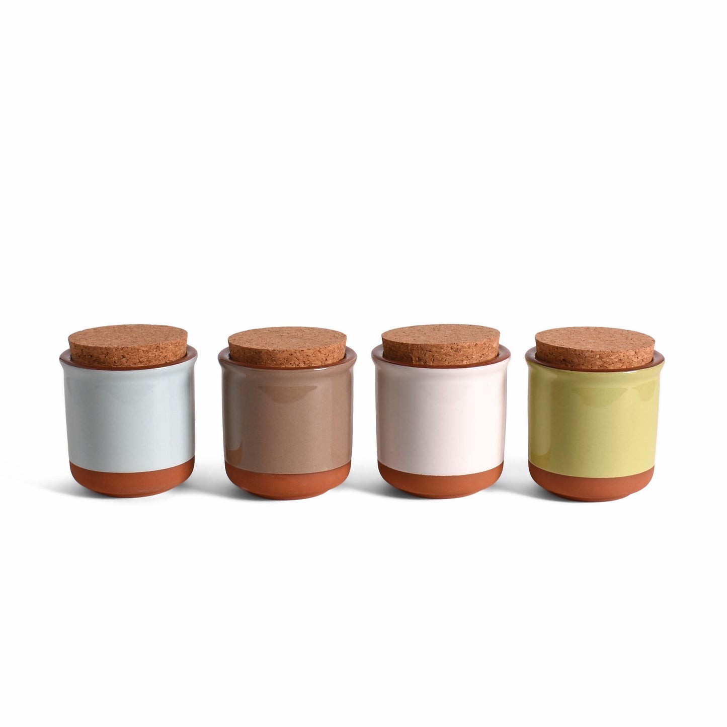 Small Glazed Terra Cotta Jars with Cork Lids, Set of 4 Colors