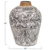Creative Co-Op Hand Painted 12-inch Terracotta Vase with Banana Leaf Rim, Black/White, Each One Varies