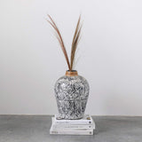 Creative Co-Op Hand Painted 12-inch Terracotta Vase with Banana Leaf Rim, Black/White, Each One Varies