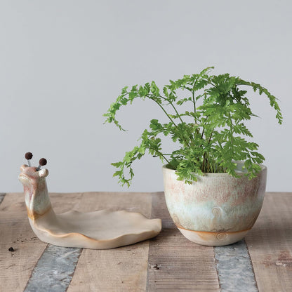 Snail Stoneware Planter and Saucer with Reactive Glaze, Each One Unique