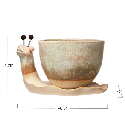 Snail Stoneware Planter and Saucer with Reactive Glaze, Each One Unique