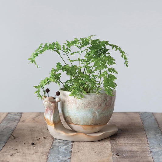 Snail Stoneware Planter and Saucer with Reactive Glaze, Each One Unique