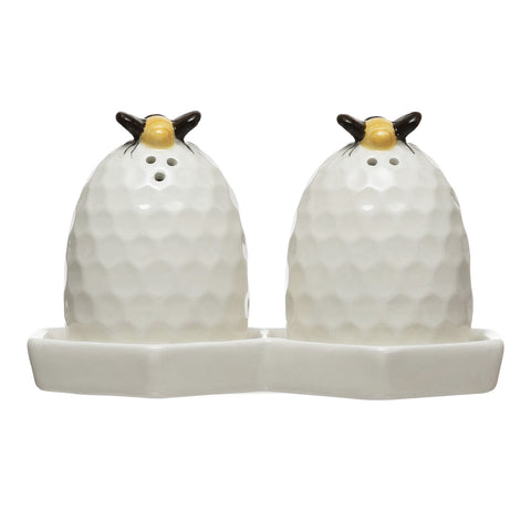 Vintage Reproduction Beehive Salt & Pepper Shakers w/Honeycomb Plate, White