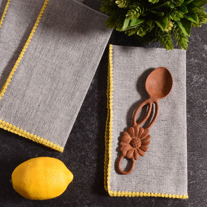 18" Square Woven Cotton Napkins, Gray with Yellow Trim, Set of 4