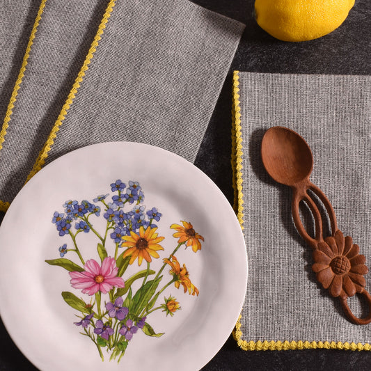 18" Square Woven Cotton Napkins, Gray with Yellow Trim, Set of 4