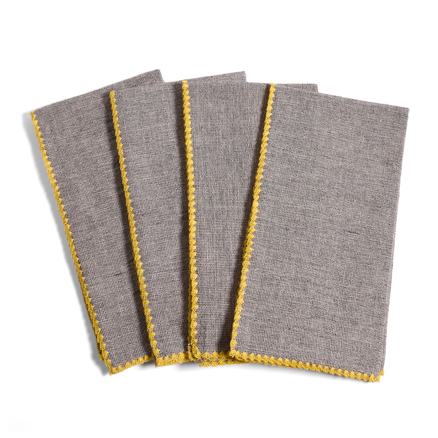 18" Square Woven Cotton Napkins, Gray with Yellow Trim, Set of 4