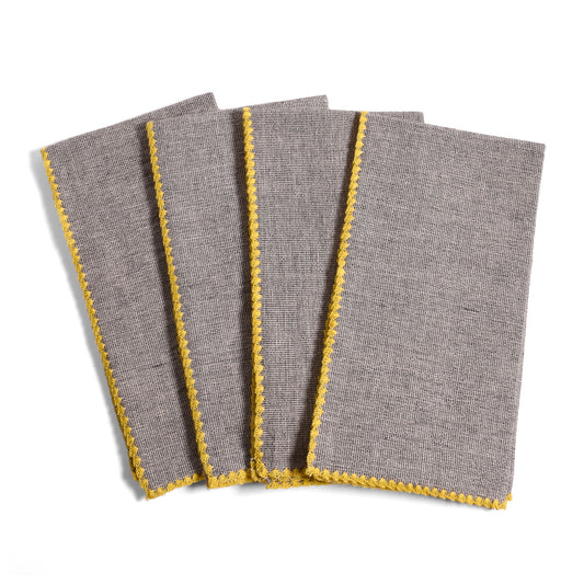 18" Square Woven Cotton Napkins, Gray with Yellow Trim, Set of 4