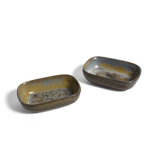 Decorative Stoneware Trinket Seasoning Spice Dish with Food-Safe Reactive Glaze, 3.75 x 2.5 inches, Set of 2
