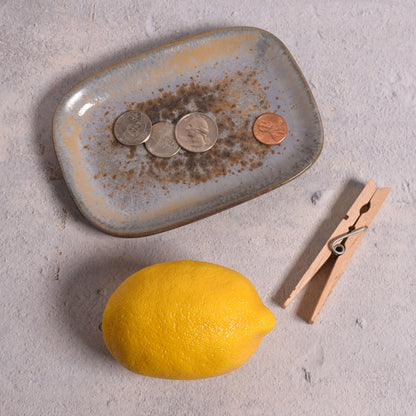 Small 5.5" x 4" Rectangular Stoneware Plate with Reactive Blue Glaze, Each One Unique