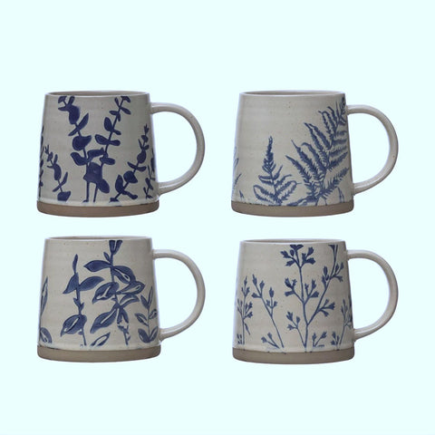 Wax Relief Stoneware Mugs with Hand-Stamped Botanical Patterns, Set of 4, Blue/Antique White