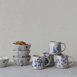 Wax Relief Stoneware Mugs with Hand-Stamped Botanical Patterns, Set of 4, Blue/Antique White