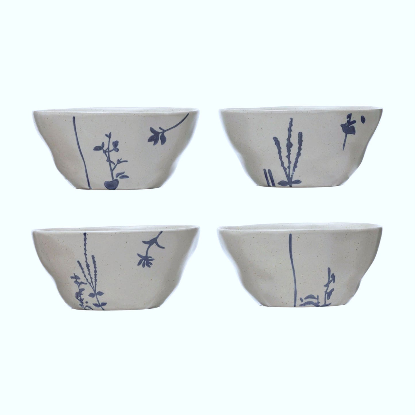Hand-Stamped Botanicals Stoneware Serving Bowls, Set of 4 Styles, White/Blue