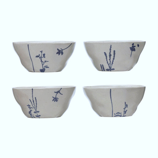 Hand-Stamped Botanicals Stoneware Serving Bowls, Set of 4 Styles, White/Blue