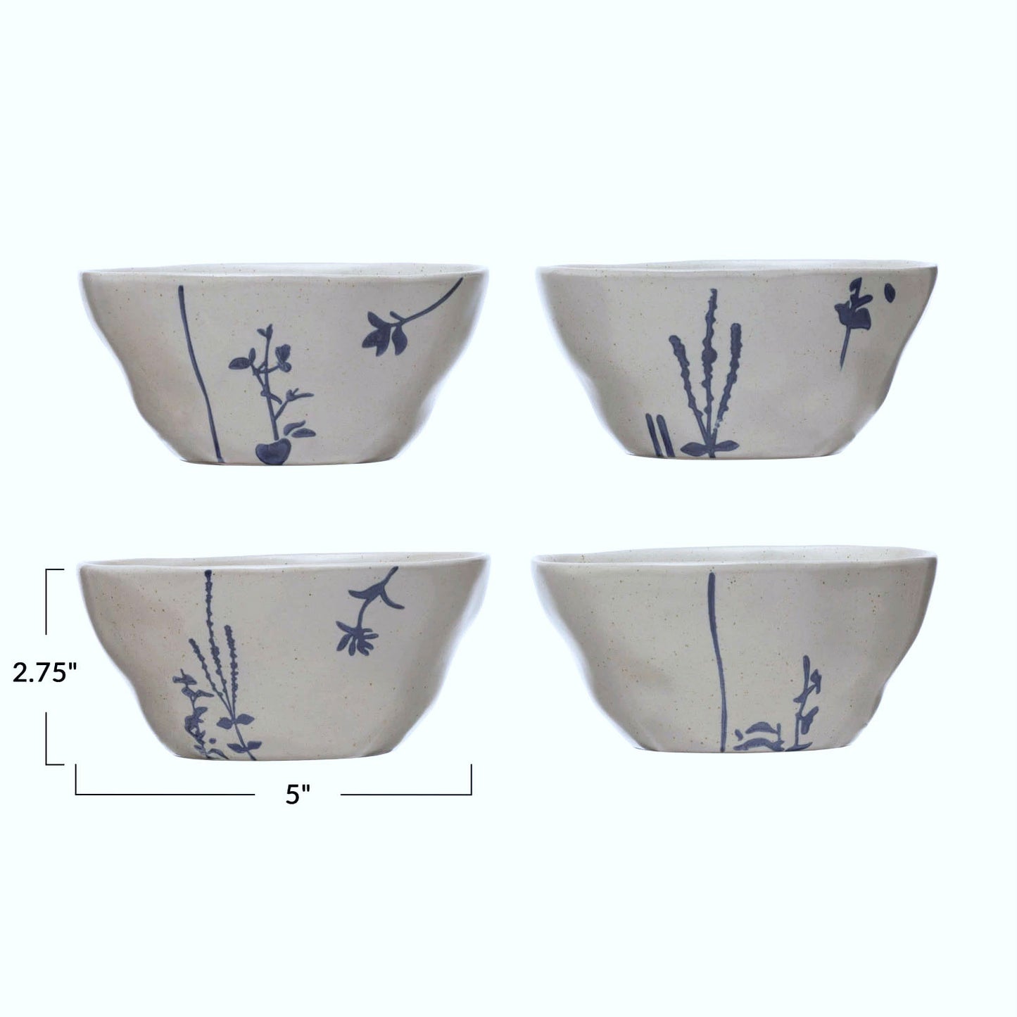 Hand-Stamped Botanicals Stoneware Serving Bowls, Set of 4 Styles, White/Blue