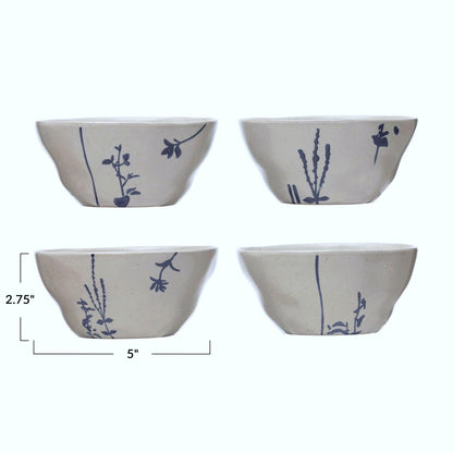 Hand-Stamped Botanicals Stoneware Serving Bowls, Set of 4 Styles, White/Blue