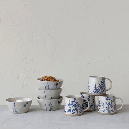 Hand-Stamped Botanicals Stoneware Serving Bowls, Set of 4 Styles, White/Blue