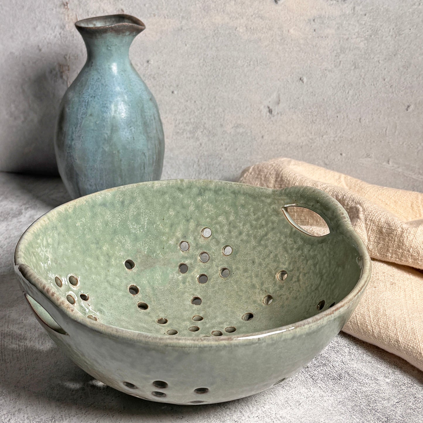 Stoneware 8" Berry Bowl with Handles, Rustic Aqua Glaze (Each One will Vary)