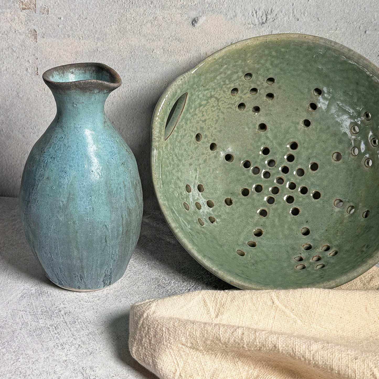 Stoneware 8" Berry Bowl with Handles, Rustic Aqua Glaze (Each One will Vary)