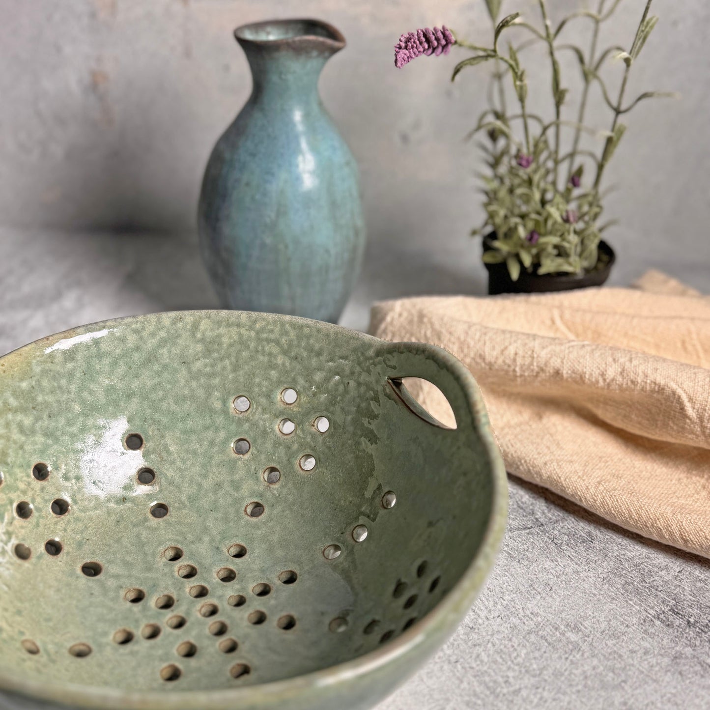 Stoneware 8" Berry Bowl with Handles, Rustic Aqua Glaze (Each One will Vary)