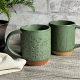 Botanical Stoneware Mugs with Green Reactive Glaze, Set of 2
