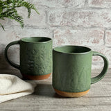 Botanical Stoneware Mugs with Green Reactive Glaze, Set of 2