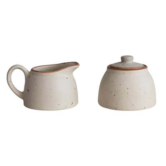 Creative Co-Op Stoneware Cream and Sugar Set, Speckled Ivory with Brown Rim