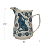 Creative Co-Op Rabbit with Flowers Hand-Painted Stoneware 3 Quart Pitcher, Blue and White