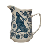 Creative Co-Op Rabbit with Flowers Hand-Painted Stoneware 3 Quart Pitcher, Blue and White