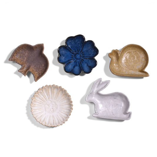 Flora and Fauna Stoneware Trinket Plates, Multicolor, Set of 5