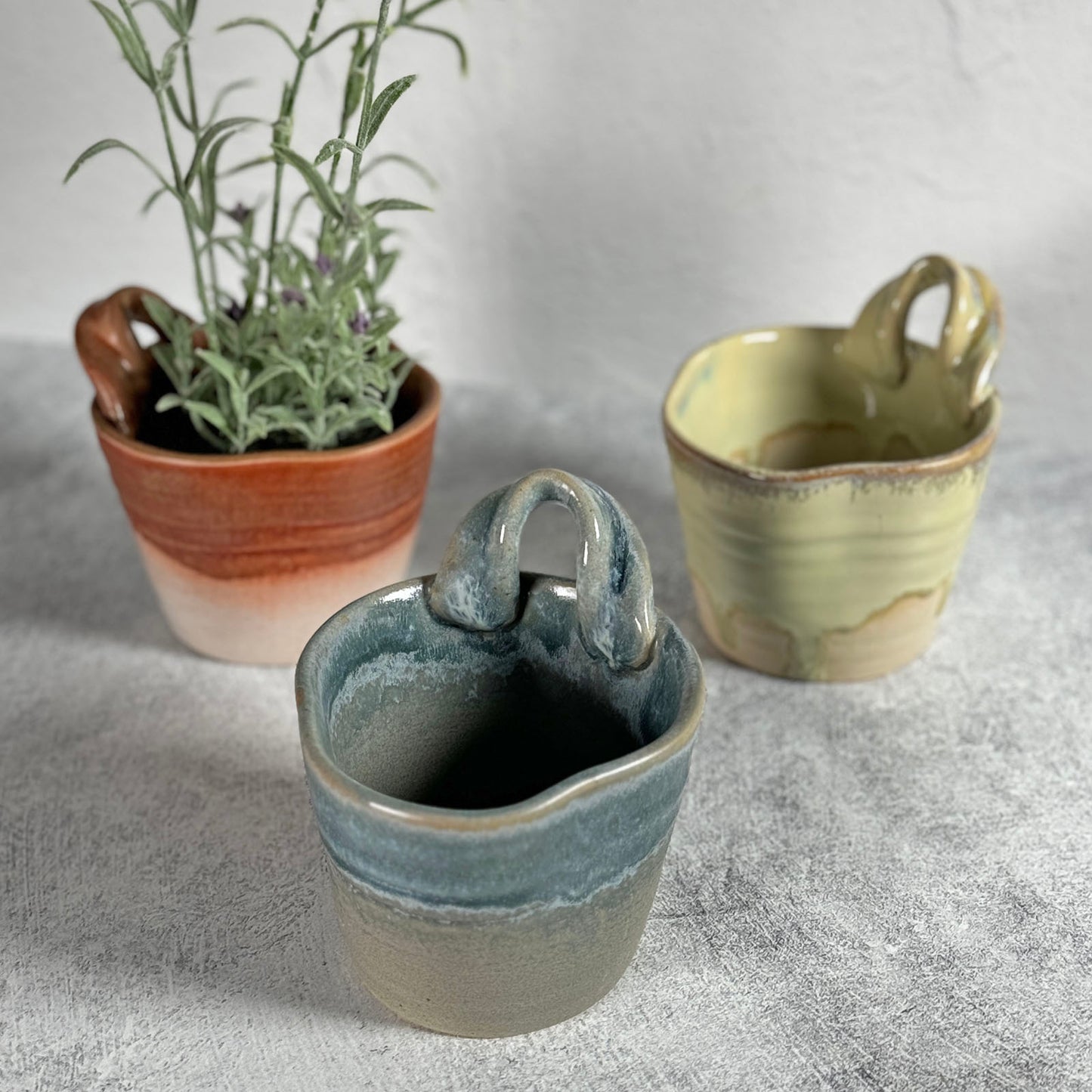 Reactive Glaze Small Stoneware Planters for Wall or Table Display, Each One Unique, Set of 3