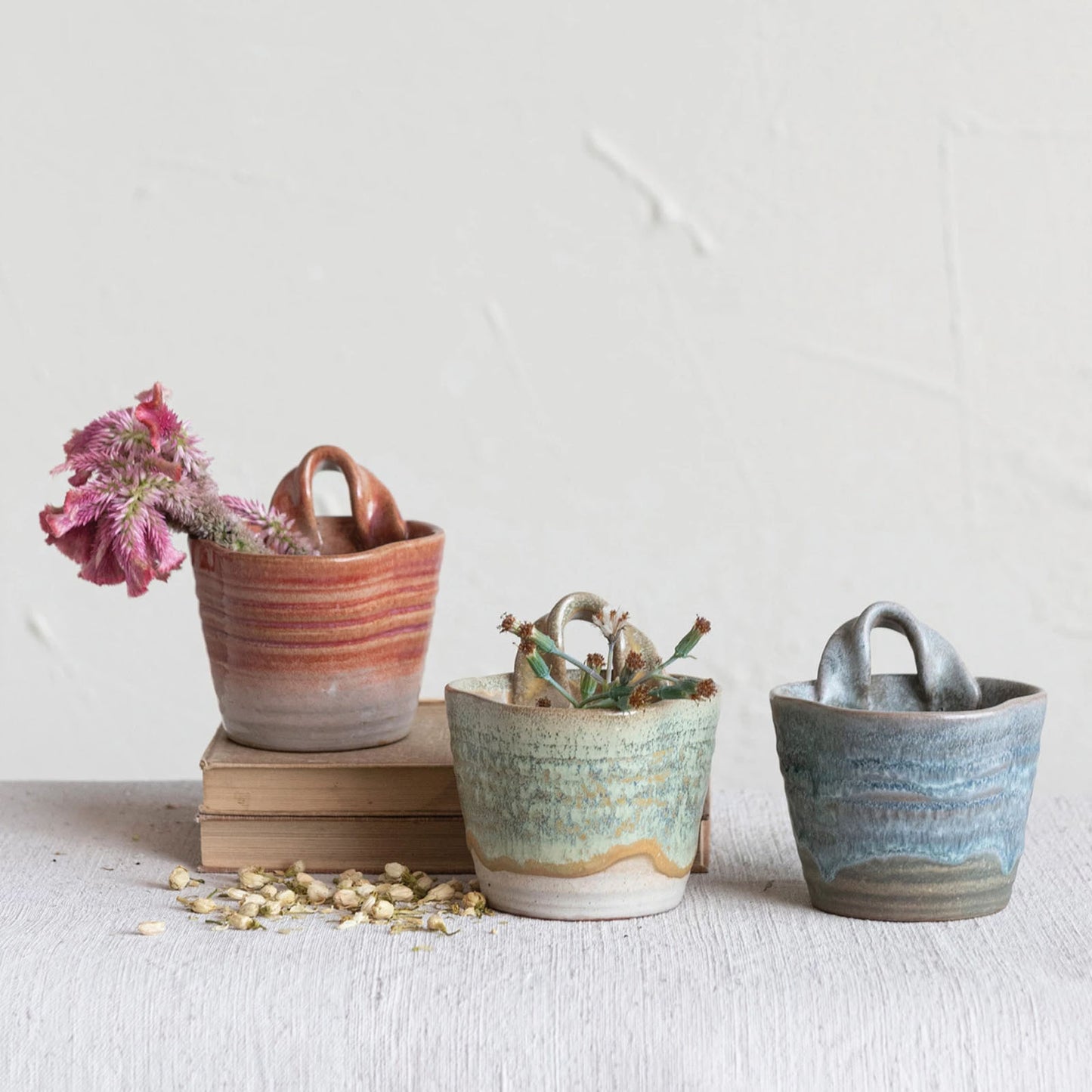 Reactive Glaze Small Stoneware Planters for Wall or Table Display, Each One Unique, Set of 3