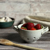 Small Stoneware Berry Bowl with Handles, Speckled White, Each One Varies